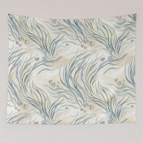Item preview, Minimalist Coastal Seagrass Waves Seashells Watercolor Pattern designed and sold by ShivCraftStudio.