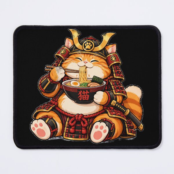 Item preview, Fat Orange Cat Samurai Eating Ramen Noodles designed and sold by ValhallaHub.