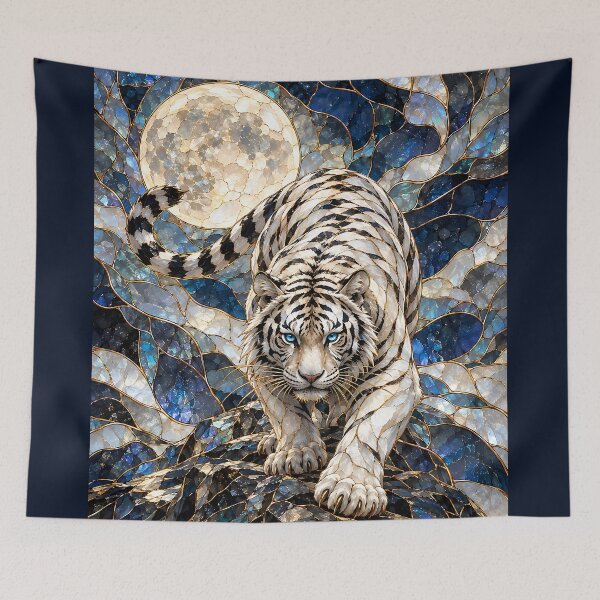Item preview, White Tiger with Full Moon – Blue Stained Glass Art designed and sold by ManJiangHong.