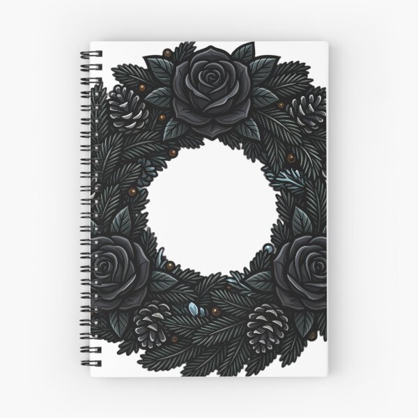 Aperçu de l'œuvre Couronne de roses noires et de pin foncé — Objet de Noël gothique créée et vendue par IllumeInk.