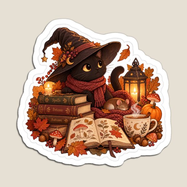 Item preview, Cozy witch cat with books and a small wood mouse designed and sold by Lichtisign.