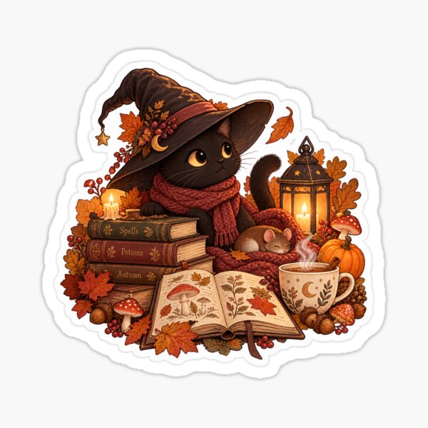 Item preview, Cozy witch cat with books and a small wood mouse designed and sold by Lichtisign.