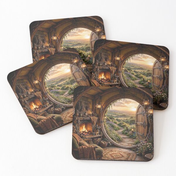 Item preview, Cozy Fantasy Round Door Cottage - Sunset Hillside with Fireplace designed and sold by cozypaperstudio.