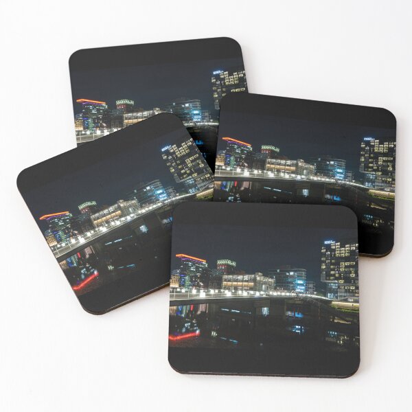 Item preview, Düsseldorf Media Harbour at night with light bridge and reflection of the city lights designed and sold by Your Happy Life.