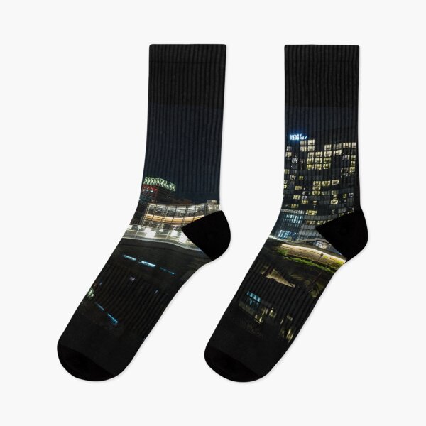 Item preview, Düsseldorf Media Harbour at night with light bridge and reflection of the city lights designed and sold by Your Happy Life.