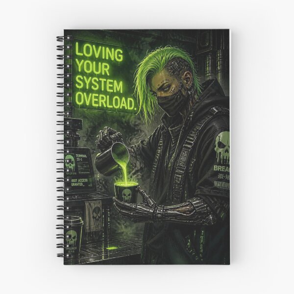 Item preview, Cyberpunk Barista System Overload Neon Techwear Poster designed and sold by LazyDayzCo.
