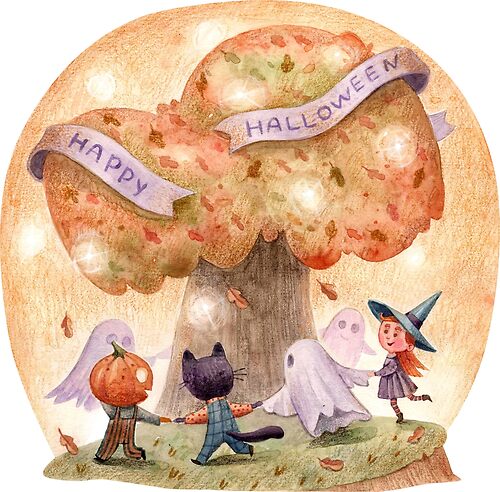 Item preview, Halloween Friends Dancing Around a Magical Autumn Tree designed and sold by White Rabbit Design .