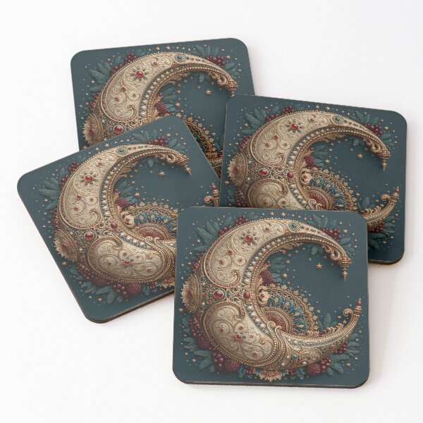 Item preview, Victorian Christmas Crescent Moon with Jewels and Stars designed and sold by Ink and Wink.