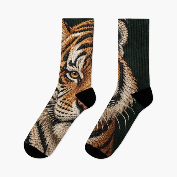 Item preview, Embroidered Tiger Portrait on Deep Green Velvet – Luxury Wildlife Art Print designed and sold by Kaleidoscope Print.