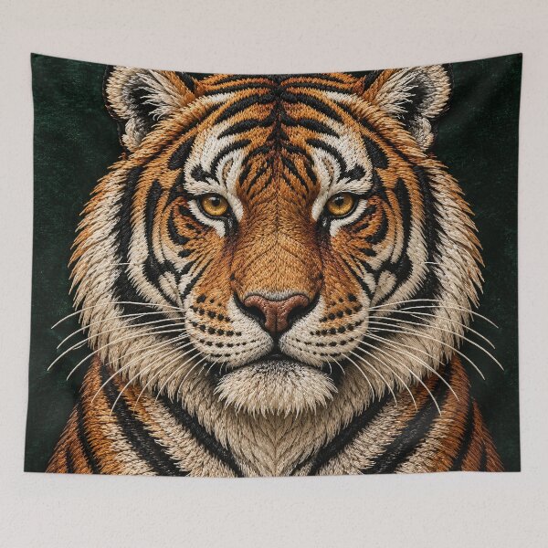 Item preview, Embroidered Tiger Portrait on Deep Green Velvet – Luxury Wildlife Art Print designed and sold by Kaleidoscope Print.