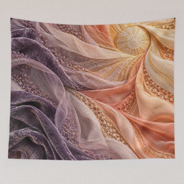 Item preview, Celestial Textile Spiral in Lavender and Peach – Luxury Abstract Fabric Art Print designed and sold by Kaleidoscope Print.