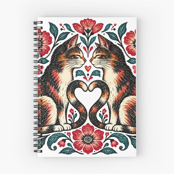 Item preview, Calico Cats in Love – Folk Art Woodcut with Flowers designed and sold by watha84.