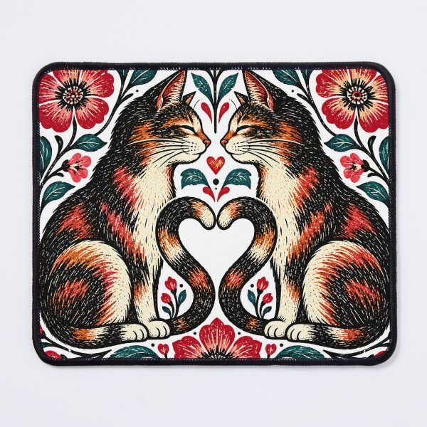 Item preview, Calico Cats in Love – Folk Art Woodcut with Flowers designed and sold by watha84.