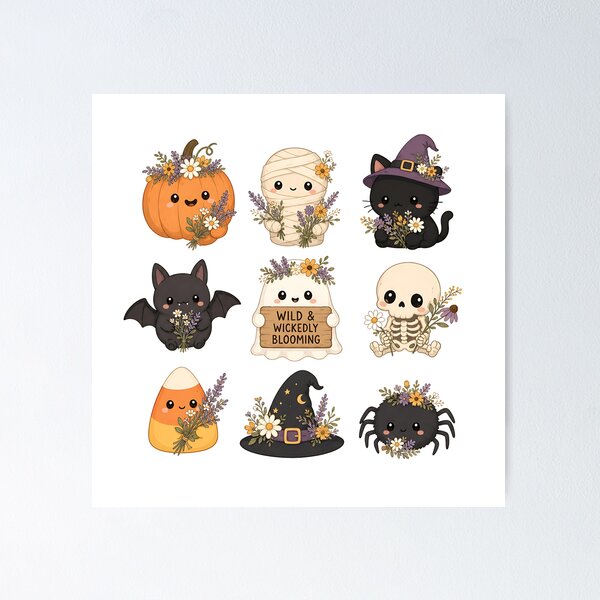 Item preview, Wild and Wickedly Blooming Kawaii Halloween - Cute Floral Spooky Grid⁠ designed and sold by Modern Antique Atelier .