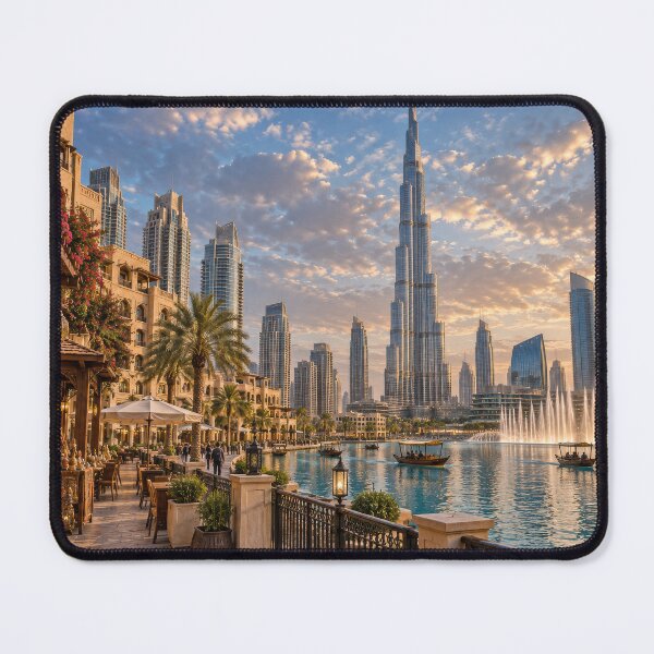 Item preview, Dubai Downtown Skyline at Sunset – Arabian Souk Waterfront Digital Art designed and sold by Alaa-love-art.