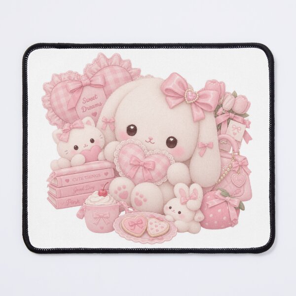 Item preview, Pink Kawaii Bunny & Cat Strawberry Tea Party designed and sold by Kiralemon.