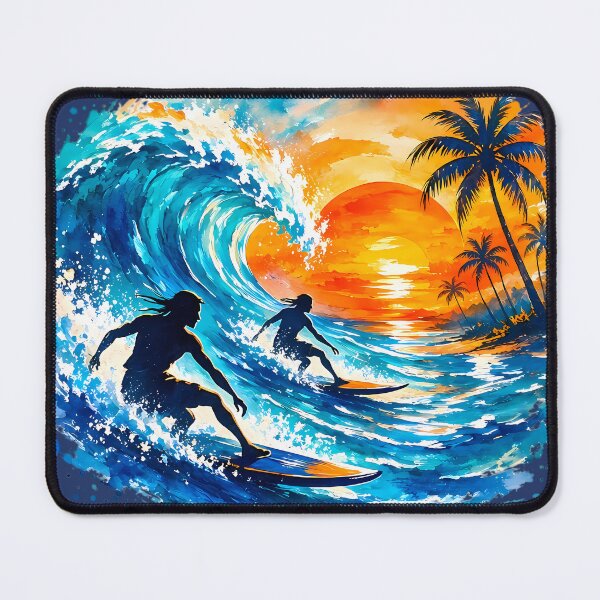 Item preview, Watercolor Sunset Surfers – Tropical Ocean Wave Graphic designed and sold by ZHD Home Decor - Apparel - Accessories.