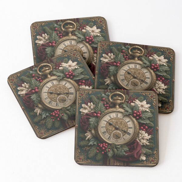 Item preview, Victorian Christmas Pocket Watch with Holly and Burgundy Ribbon designed and sold by Ink and Wink.