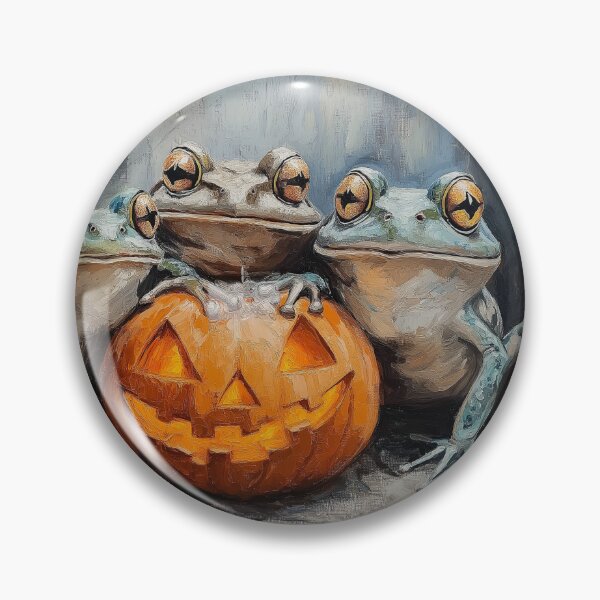 Item preview, Three Spooky-Cute Frogs with Jack-O'-Lantern – Vintage Halloween Animal Art designed and sold by elisarasada.
