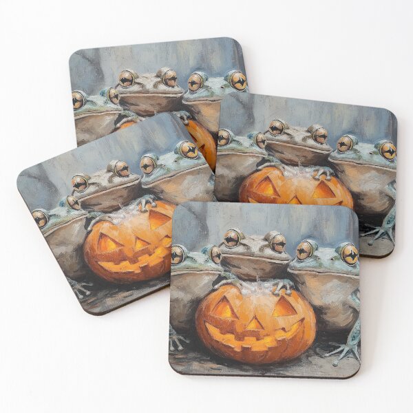 Item preview, Three Spooky-Cute Frogs with Jack-O'-Lantern – Vintage Halloween Animal Art designed and sold by elisarasada.