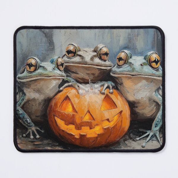 Item preview, Three Spooky-Cute Frogs with Jack-O'-Lantern – Vintage Halloween Animal Art designed and sold by elisarasada.