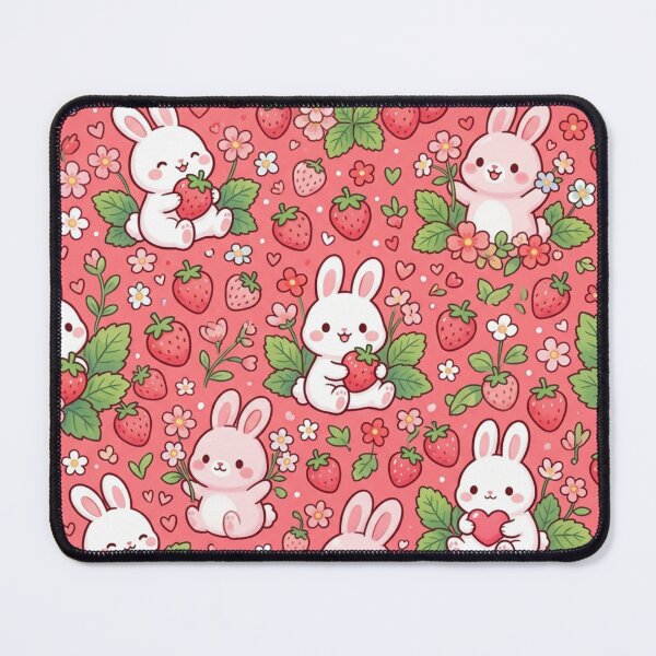 Item preview, Cute Kawaii Bunny Strawberries Flowers Pink Seamless Pattern designed and sold by ShivCraftStudio.