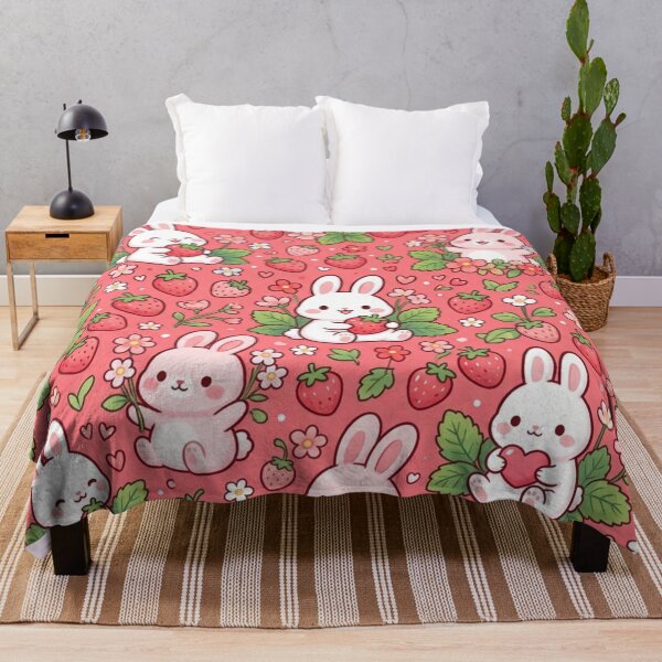 Item preview, Cute Kawaii Bunny Strawberries Flowers Pink Seamless Pattern designed and sold by ShivCraftStudio.