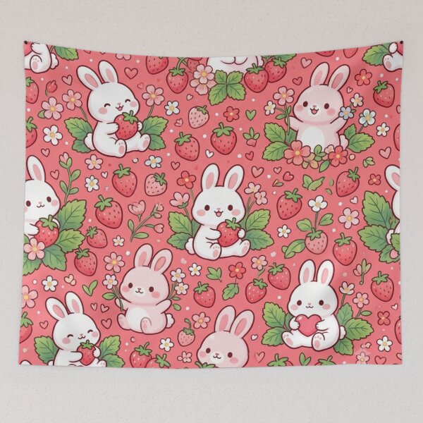 Artikelvorschau, Niedliches Kawaii-Hasen-Erdbeerblumen-Rosa-Nahtlosmuster entworfen und verkauft von ShivCraftStudio.