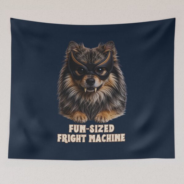 Item preview, Fun‑Sized Fright Machine – Cute Halloween Dog Costume Humor – Spooky Pomeranian Mask Design designed and sold by Pawethic Prints Studio.