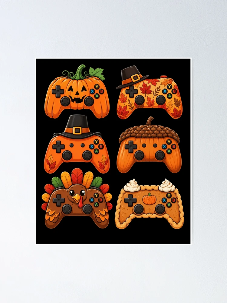 Thumbnail 1 of 3, Poster, Autumn Thanksgiving Gaming Controllers designed and sold by ROUX-ART.
