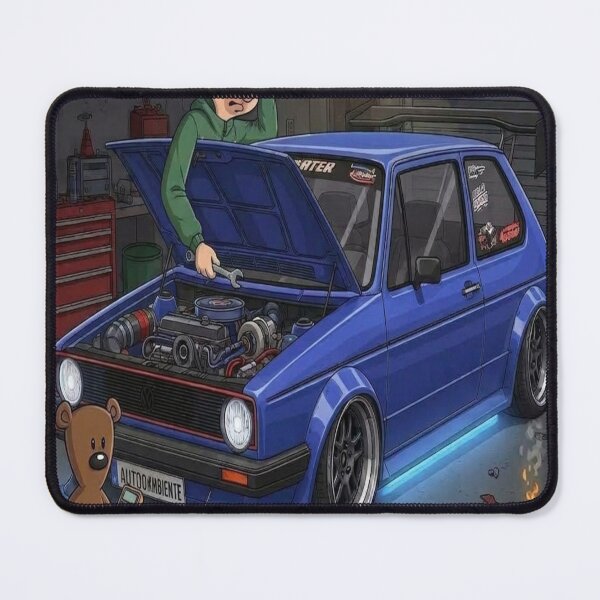Item preview, Funny Cartoon Mechanic Fixes Blue Tuning Car in Garage Art designed and sold by Shopri.
