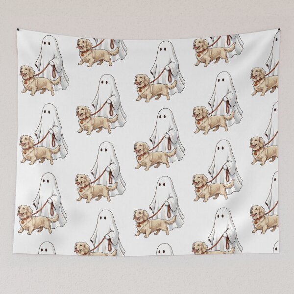 Item preview, Spooky Ghost Walking Long Haired Dachshund Dog Lover Halloween Art designed and sold by raedattia.