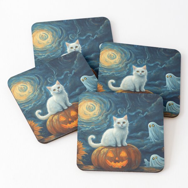 Item preview, Ghostly Cat Halloween Garden – Whimsical Black & White Cat Pumpkin Wall Art designed and sold by elisarasada.