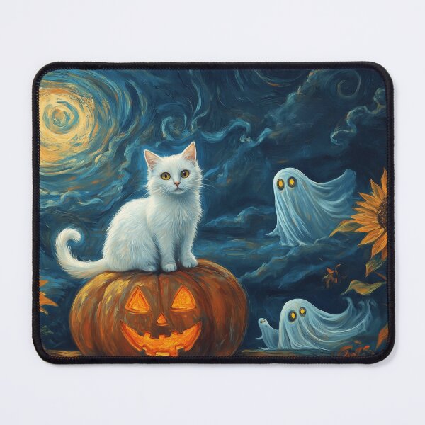 Item preview, Ghostly Cat Halloween Garden – Whimsical Black & White Cat Pumpkin Wall Art designed and sold by elisarasada.