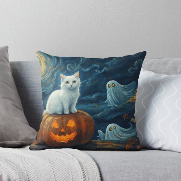 Artikelvorschau, Geisterhafte Katze im Halloween-Garten – Verspielte schwarz-weiße Katzen-Kürbis-Wanddeko entworfen und verkauft von elisarasada.