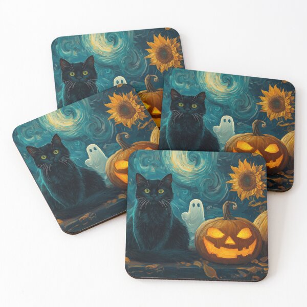 Item preview, Black Cat Halloween Night with Pumpkins & Ghosts – Whimsical Autumn Art designed and sold by elisarasada.