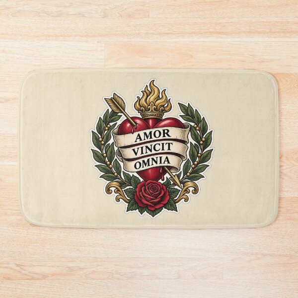 Item preview, Amor Vincit Omnia Sacred Heart Latin Tattoo Design designed and sold by MetaModel Editions.
