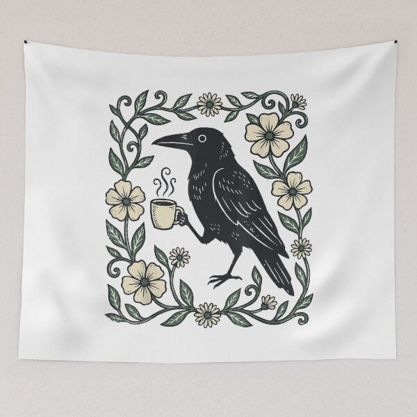 Item preview, Gothic Raven Holding Coffee Among Wildflowers designed and sold by NoeValdric.