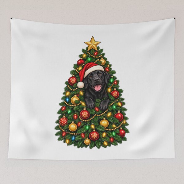 Artikelvorschau, Black Labrador Peeking Christmas Tree Festive Lights Graphic entworfen und verkauft von Whirx.