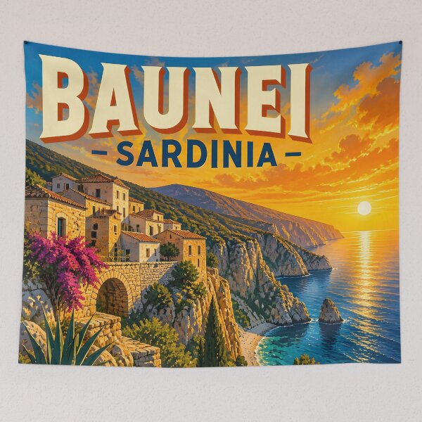 Item preview, Baunei Sardinia Sunset – Vintage Travel Poster designed and sold by LSVart.