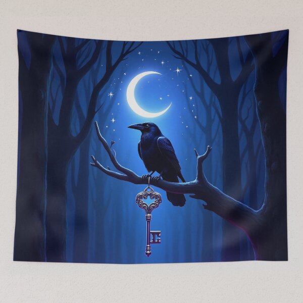 Item preview, Raven with Key in Dark Enchanted Forest – Fantasy Moon Purple RBA-2026-0108-A designed and sold by IdeaSmith.