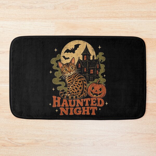 Item preview, Haunted Night – Mystical Bengal cat in front of an illuminated haunted castle designed and sold by Bengoer18.