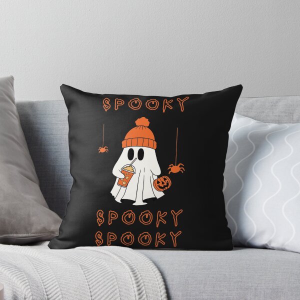 Artikelvorschau, Cute Spooky Ghost Wearing Orange Beanie Holding Iced Coffee and Jack O Lantern Halloween Pumpkin entworfen und verkauft von Elbstromstudio.
