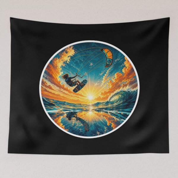 Aperçu de l'œuvre Autocollant circulaire à motif pictural représentant un kitesurfeur en vol - Cadeau pour les passionnés de kitesurf créée et vendue par sharifex.