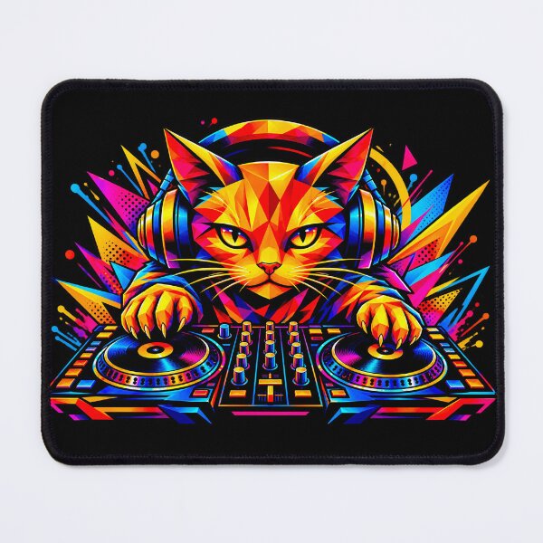 Item preview, Neon DJ Cat – Disc Jockey Cat with Headphones and Turntable | Colorful Musical Art designed and sold by Kittcatking.