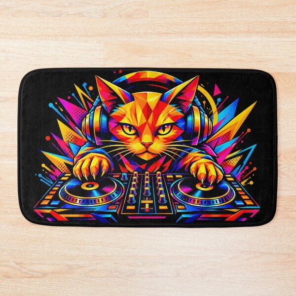 Item preview, Neon DJ Cat – Disc Jockey Cat with Headphones and Turntable | Colorful Musical Art designed and sold by Kittcatking.