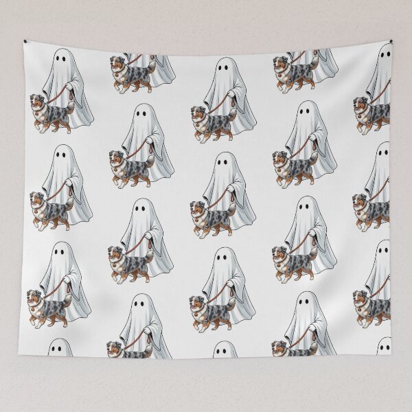Item preview, Spooky Ghost Walking Australian Shepherd Blue Merle Dog Halloween Art designed and sold by raedattia.