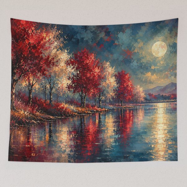Item preview, Midnight Serenade by the Lake Moonlit Autumn Landscape Art Print designed and sold by Joey Santiago.