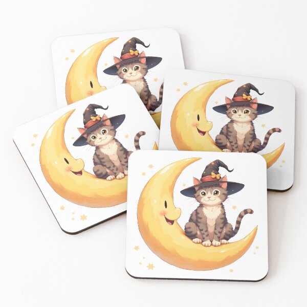 Item preview, A cat wearing a witch's hat stands on a crescent moon halloween designed and sold by Panya-Design.