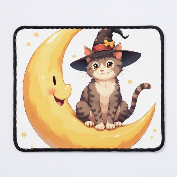 Item preview, A cat wearing a witch's hat stands on a crescent moon halloween designed and sold by Panya-Design.